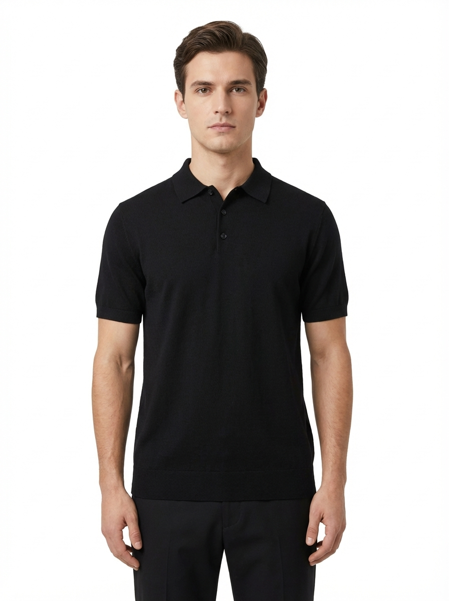 Wool Polo Thin With Button Short Sleeve