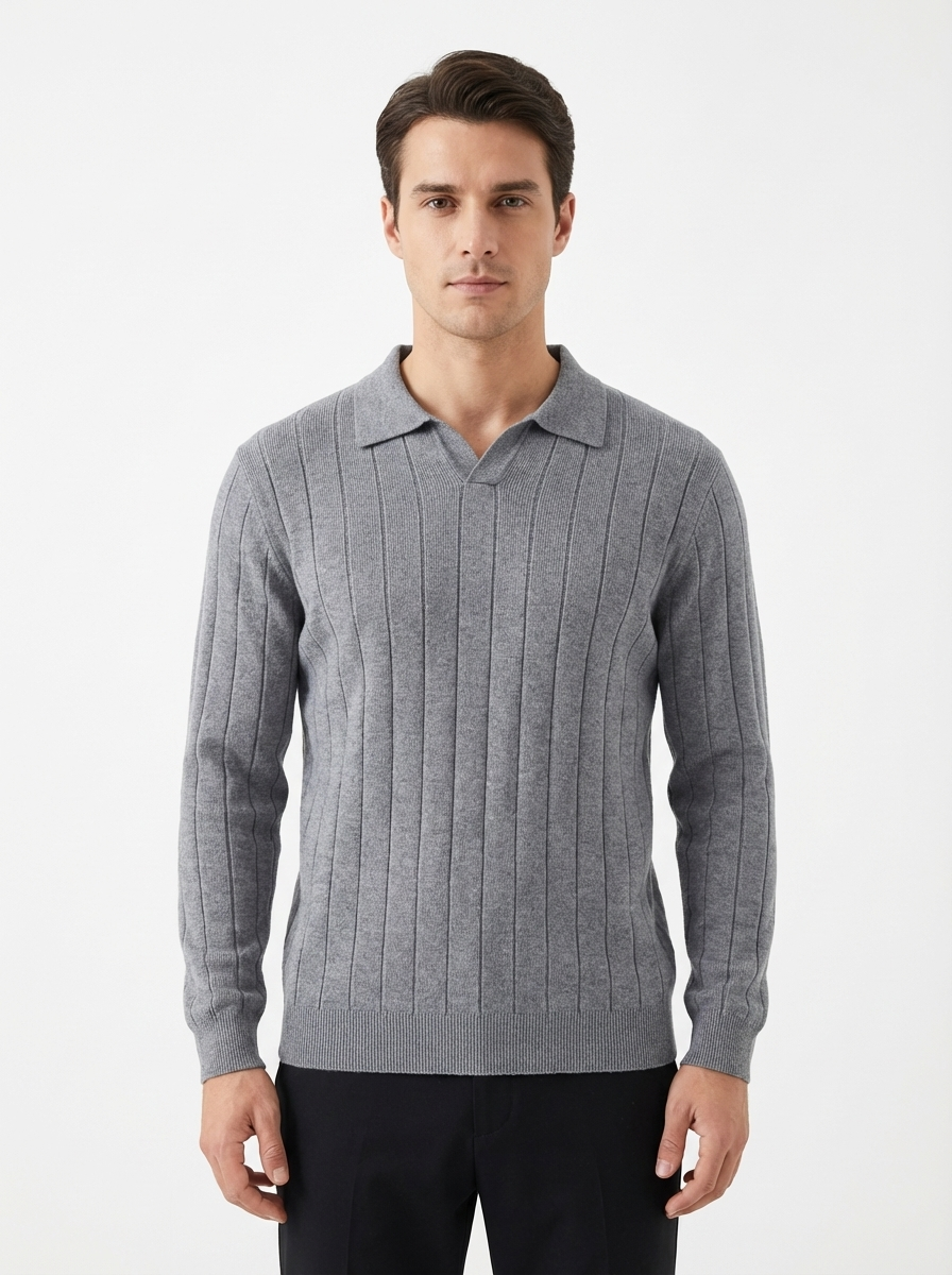 Wool Polo V Neck Long Sleeve With Thick Lines On The Body LT.GREY