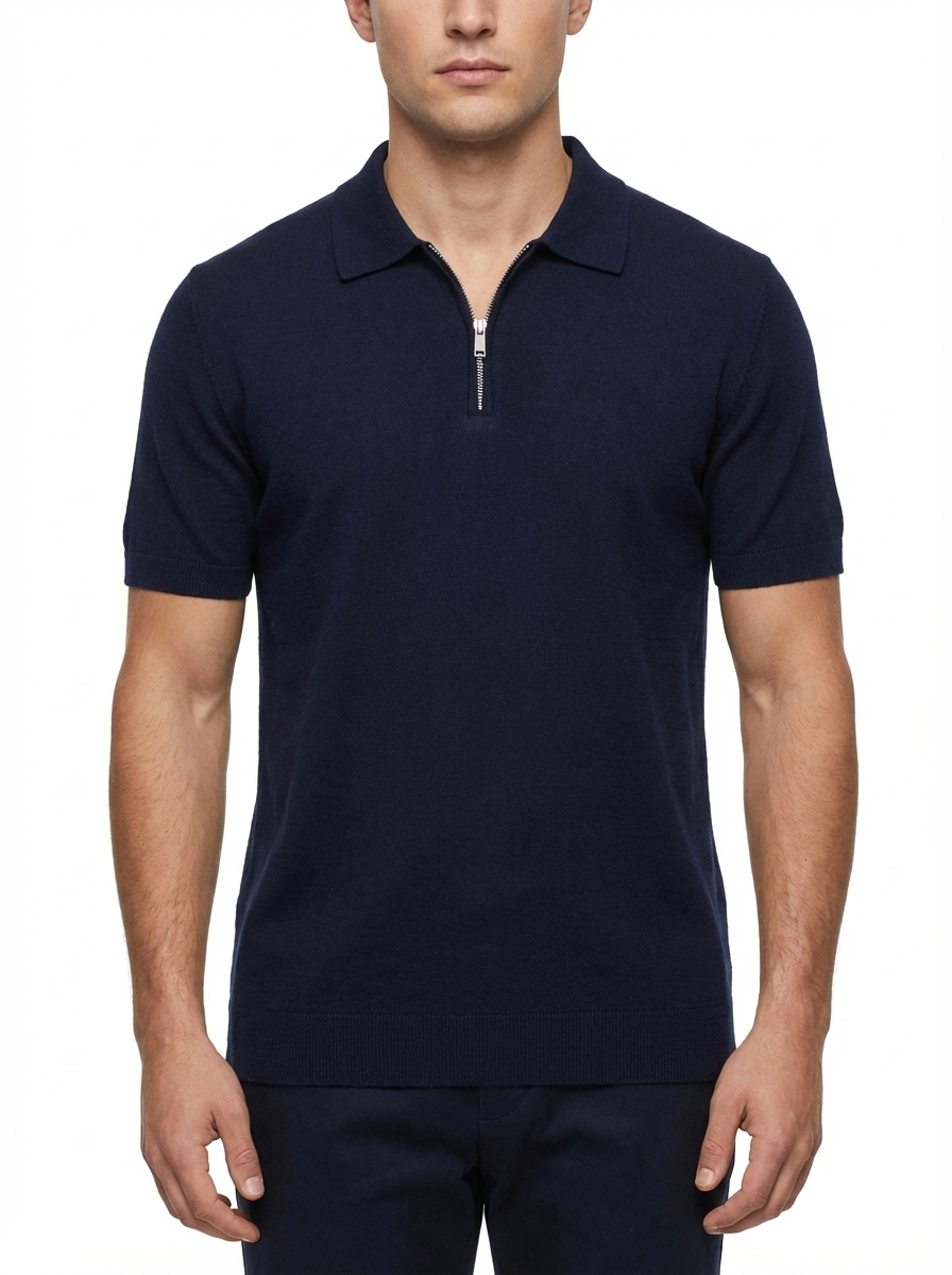 Wool Polo With Zipper Short Sleeve NAVY