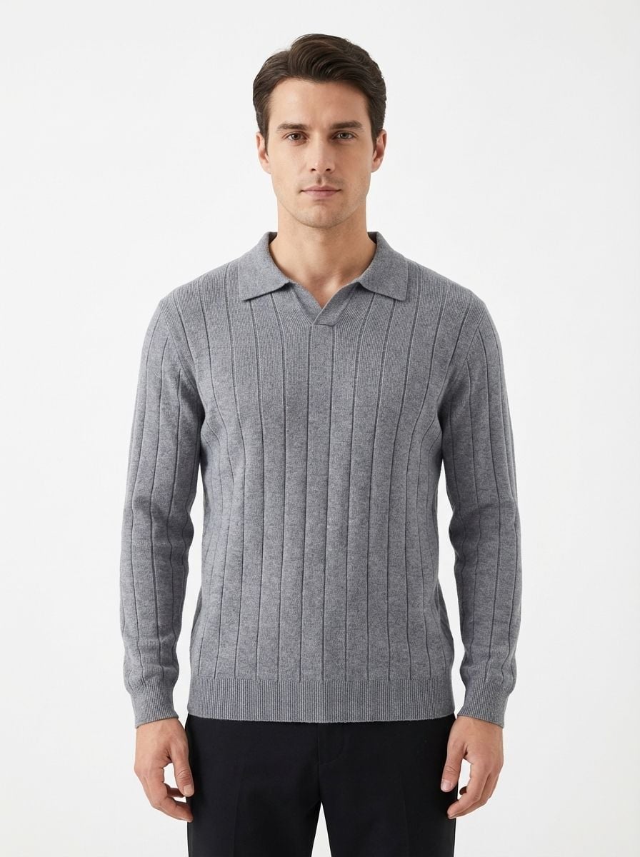 Wool Polo V Neck Long Sleeve With Thick Lines On The Body LT.GREY