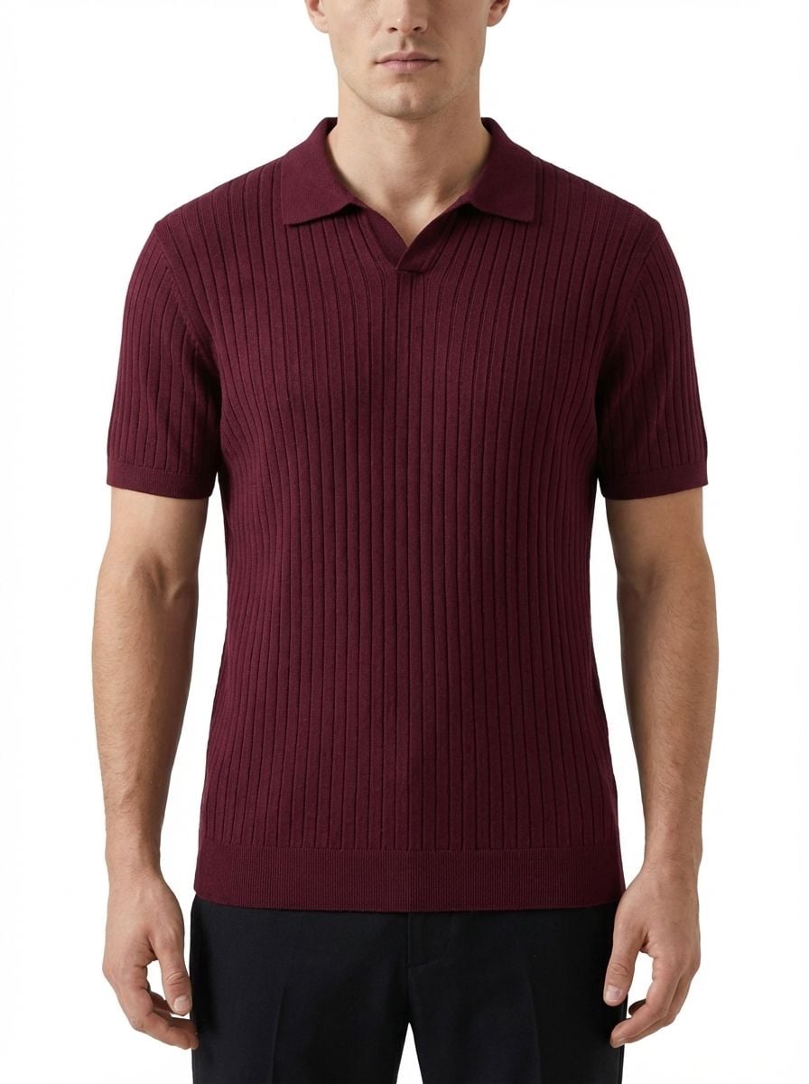 Wool Polo V Neck With Line On Body (Thin) Short Sleeve BURGANDY