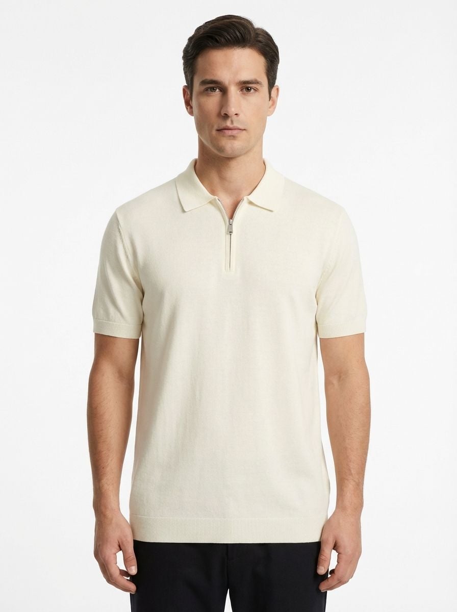 Wool Polo With Zipper Short Sleeve CREAM
