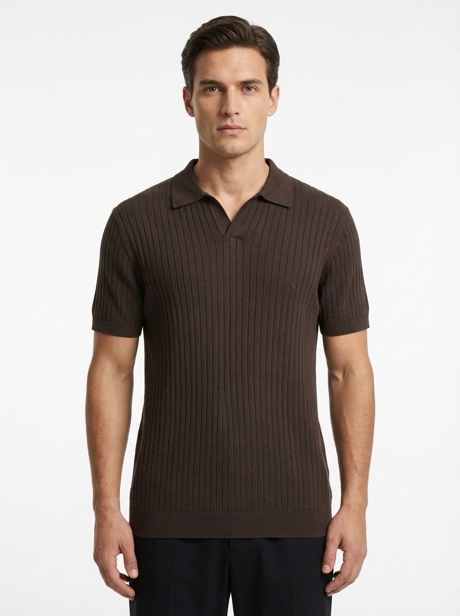 Wool Polo V Neck With Line On Body (Thin) Short SleeveBROWN